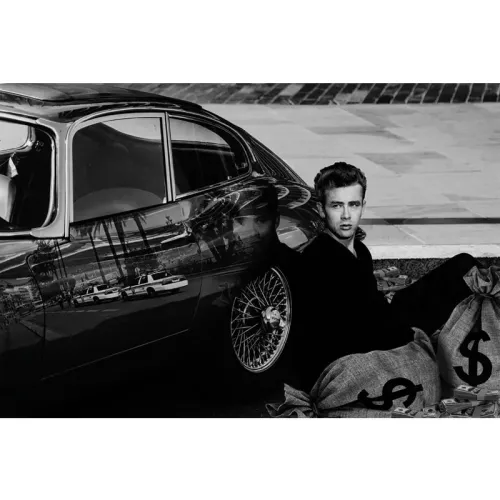 James Dean der Rebell mit Auto B&W 80x120x2cm